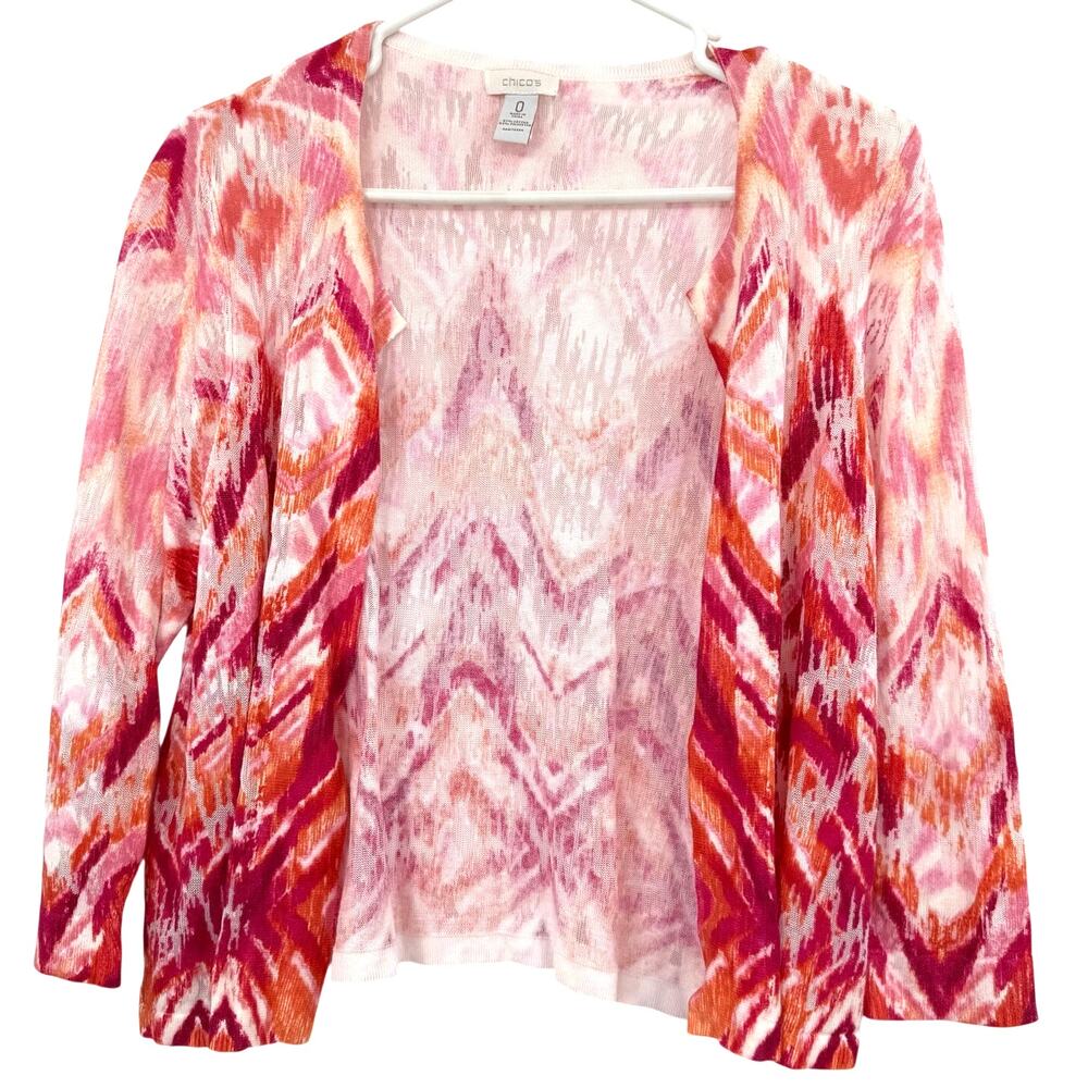 Chico's Size 0 Small Open Front Cardigan Sweater Pink Orange Cotton Blend